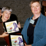 Retrospective Award Art, by Freddie Baer. (From left to right) Ursula K. Le Guin and Suzy McKee Charnas