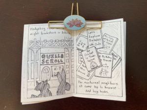 Two pages from Sumana’s ’zine Quill & Scroll, describing Hedgehog’s all-night bookstore.